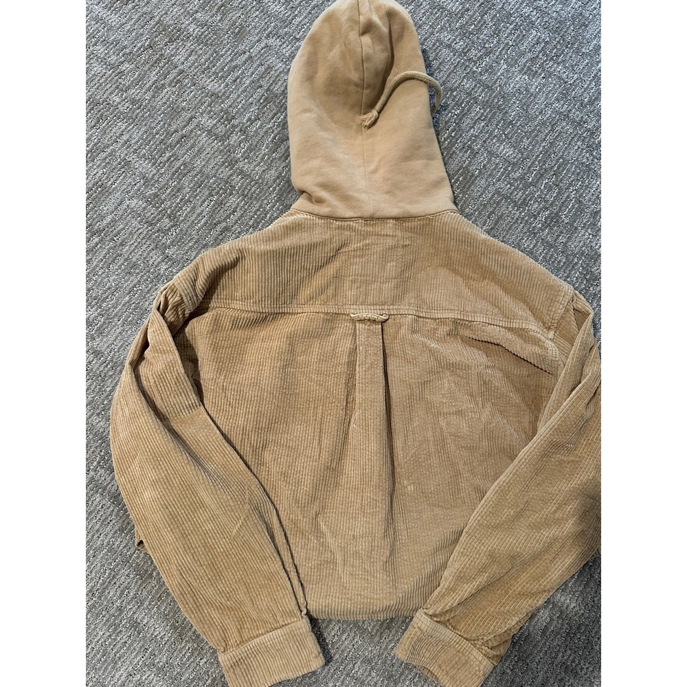 American Eagle Women Tan Corduroy Hooded Shirt Jacket Cropped Shacket Medium - Picture 3 of 3